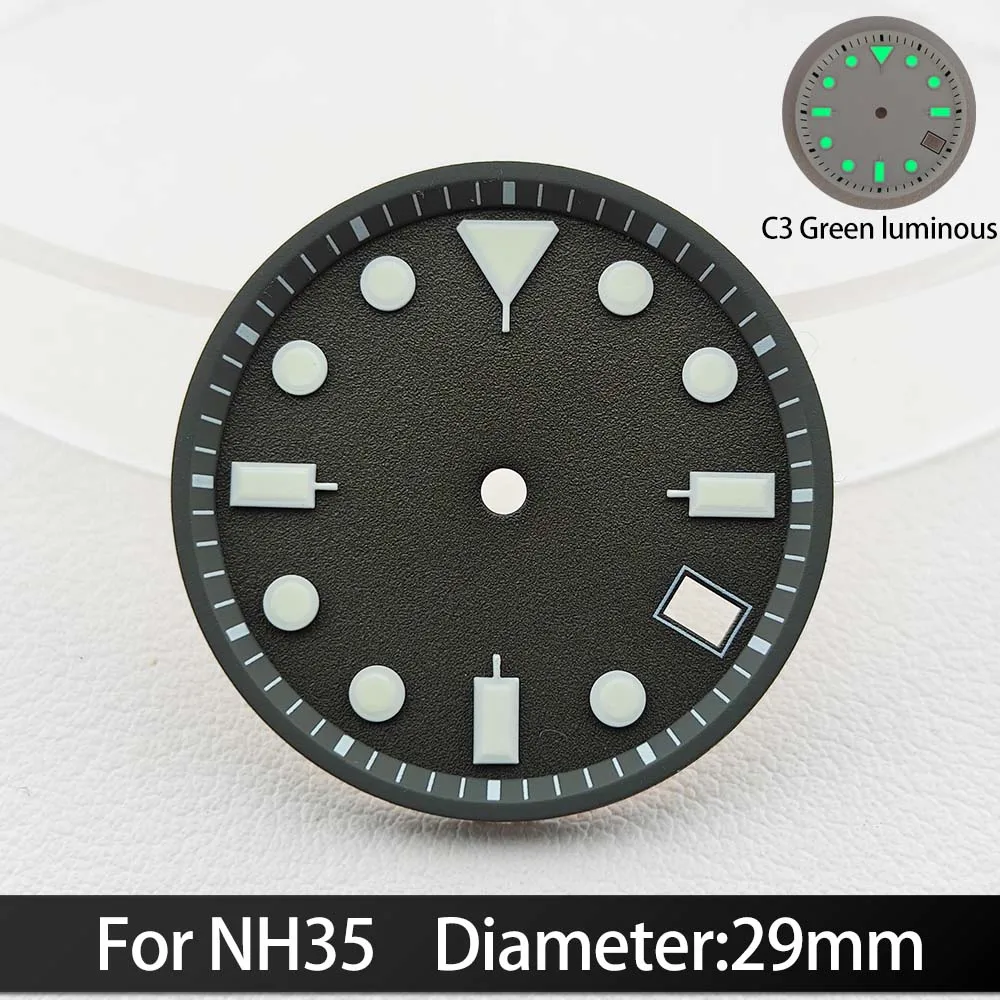 For NH35/NH36 Dials 29mm C3 Green luminous Calendar Window Concave Dial NH35 Automatic Movement Watch Replacement Parts