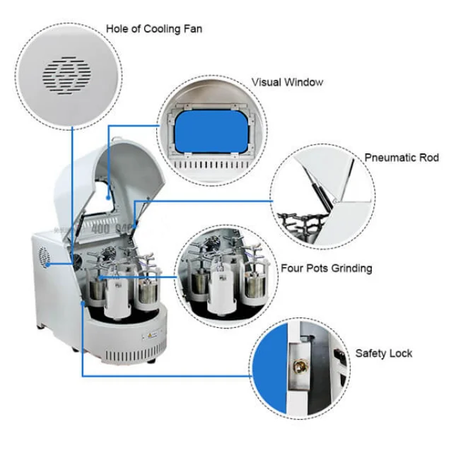 مطحنة كروية كوكبية نصف دائرية، مطحنة عمودية مع برطمانات اختيارية #1
