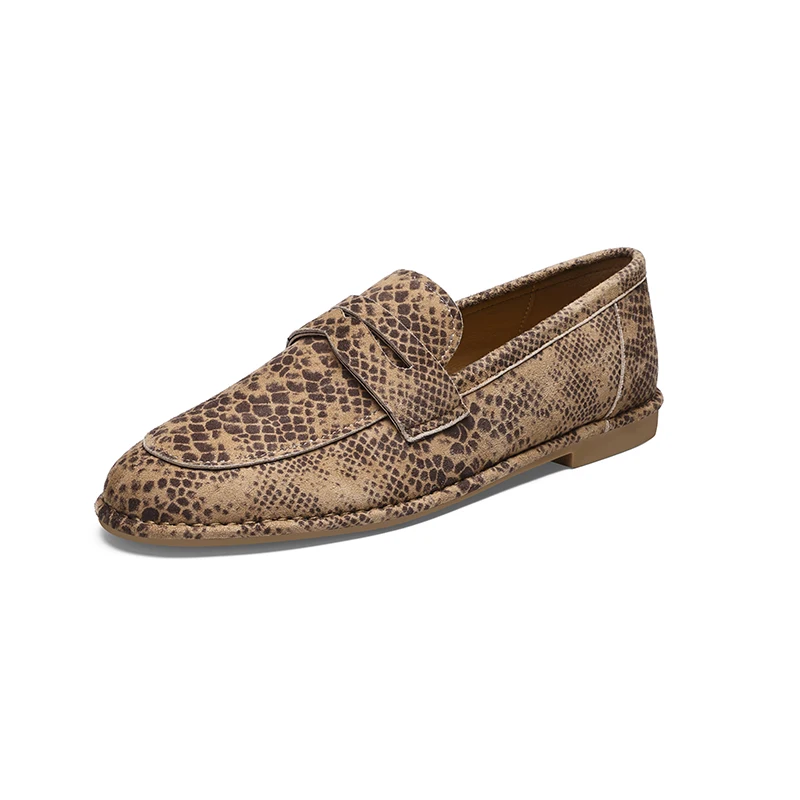 

Snakeskin Leather Low Heel Slip On Loafers Casual Office Flats Personality Autumn Spring Shoes for Women