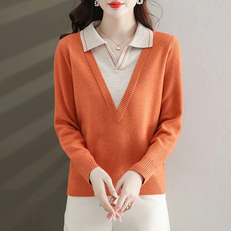 

Splicing Fake Two-Piece Knitted Pullover Sweater Women's Autumn New Korean Long Sleeves Bottoming Shirt Sweater Female Knitwear