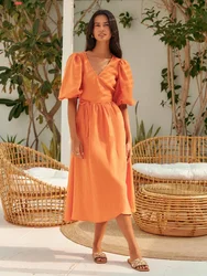 Wolfeel Summer V-neck Waist Cinched Dress Unique Lantern Sleeve Fashionable Sexy Slit Long Skirt Cotton Women's Casual Dresses