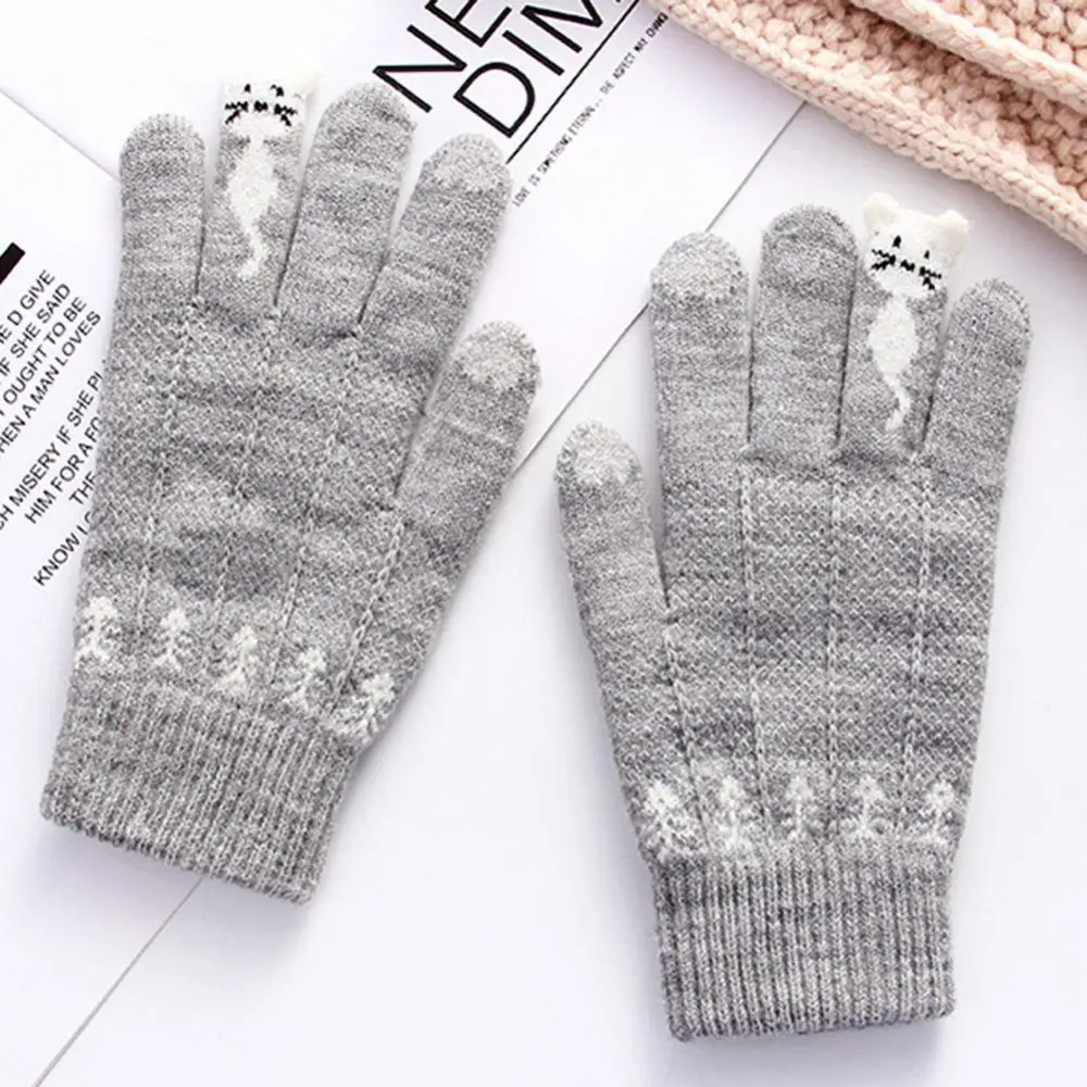 Guantes de invierno de Cachemira sintética para mujer, guantes térmicos a prueba de viento con pantalla táctil, guantes cálidos con dibujos de gatos, manoplas tejidas con dedos completos