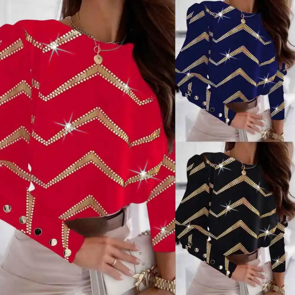 

Elegant Printed Long Sleeve round Neck Shirt for Women Striped Pattern Women's Fashionable Shirt Not Easy to Deform