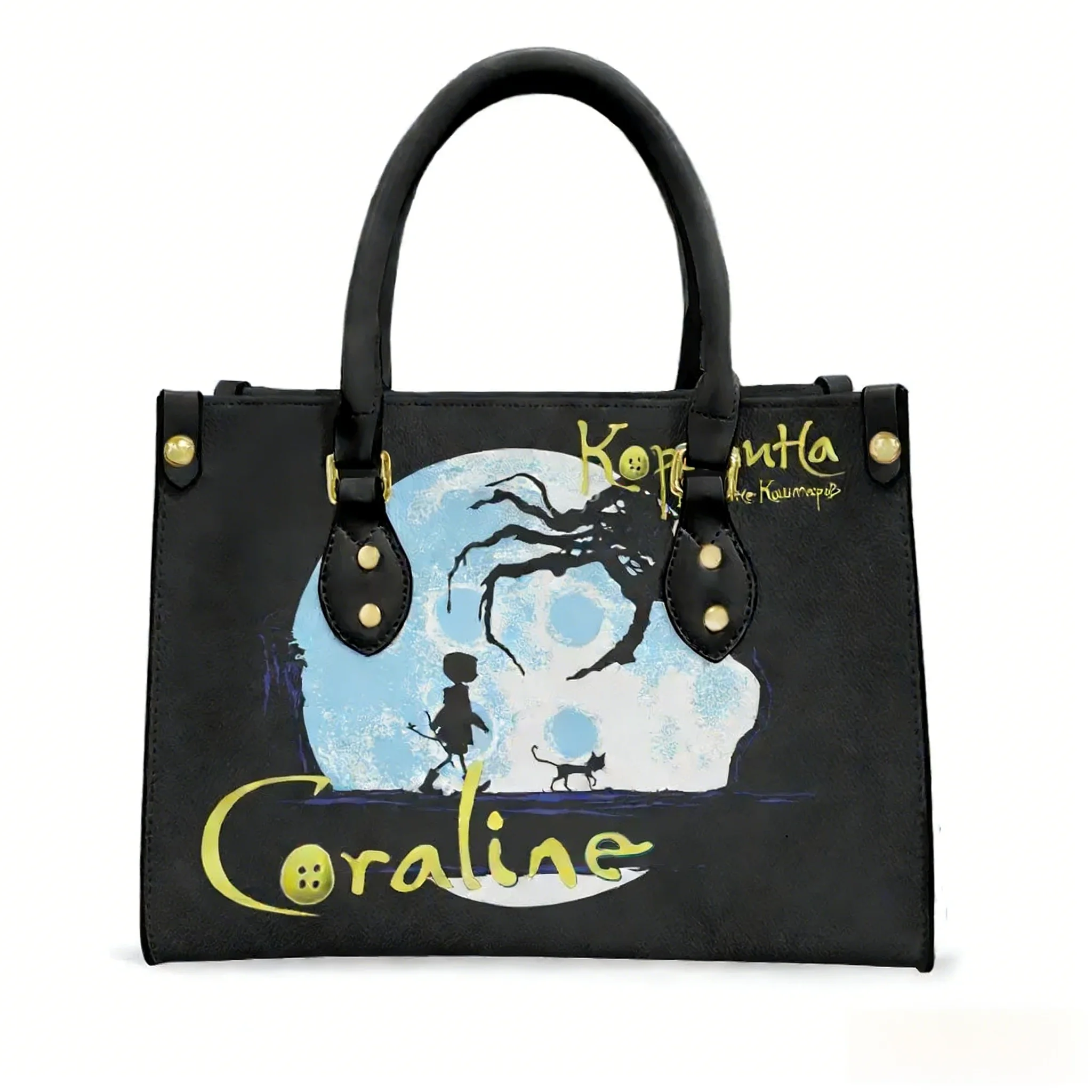 

Coralines Cartoon Movies Tote Bag Purse Womens Mens Personalized Text Image PU Leather Handbag Business Shopping Gift Bags
