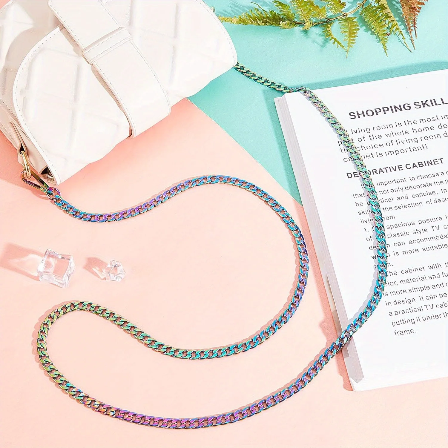 Rainbow Purse Chain Straps, Flat Chain Strap Replacement Colorful Chain Accessories for Crossbody Shoulder Bag Clutch Wallet