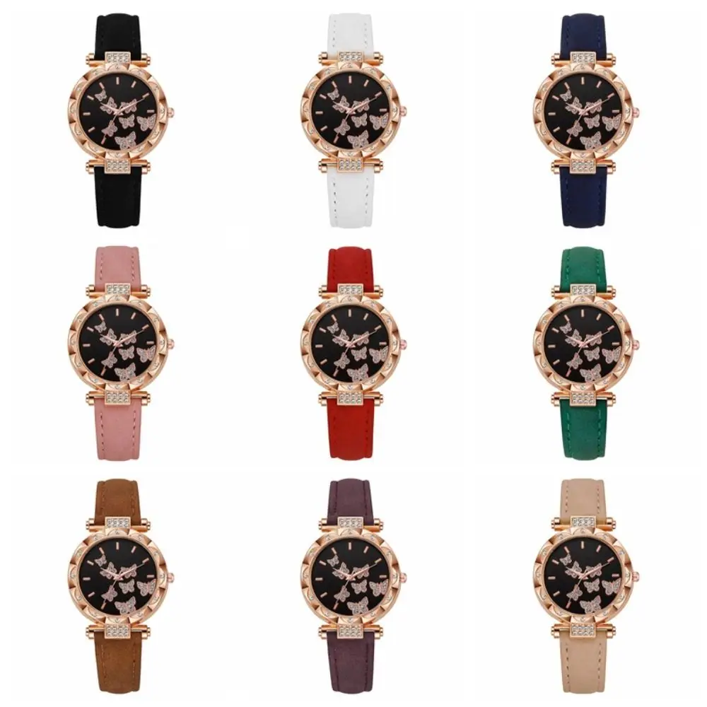 Fashion Leather Women Watches Rhinestone Butterfly Dial Quartz Watch Wristwatches Women