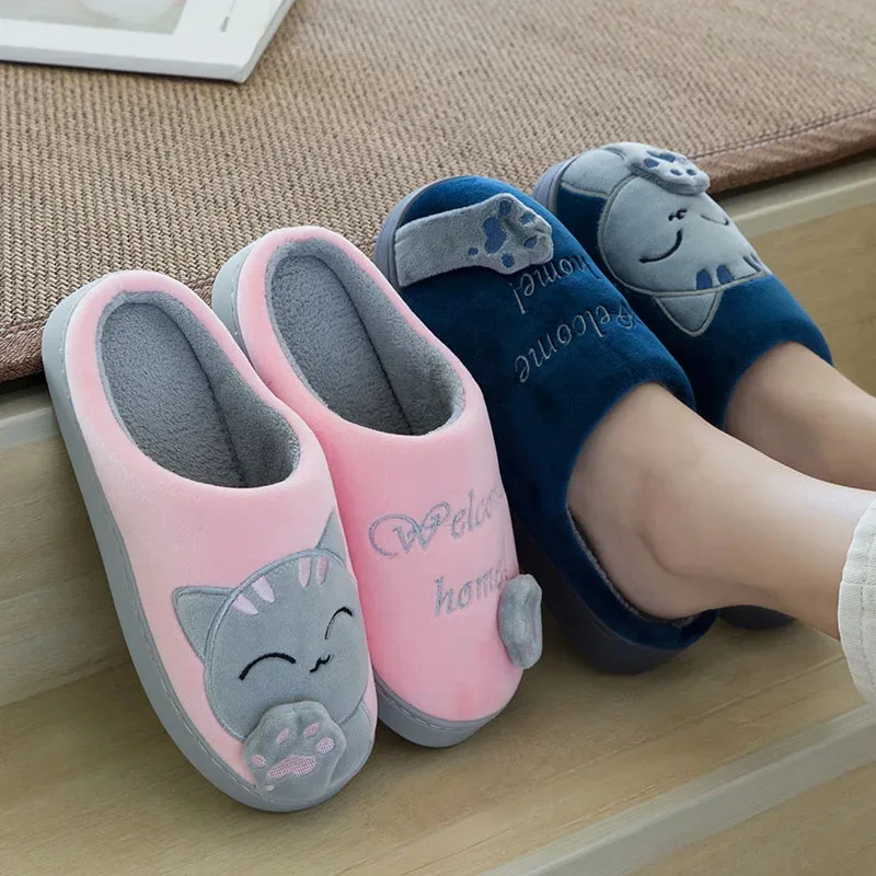 Neue Winter Hause Baumwolle Hausschuhe Niedlichen Cartoon Katze Frauen Plüsch Warme Pantoffel Paar Innen Schlafzimmer Nicht-Slip frauen männer Hausschuhe