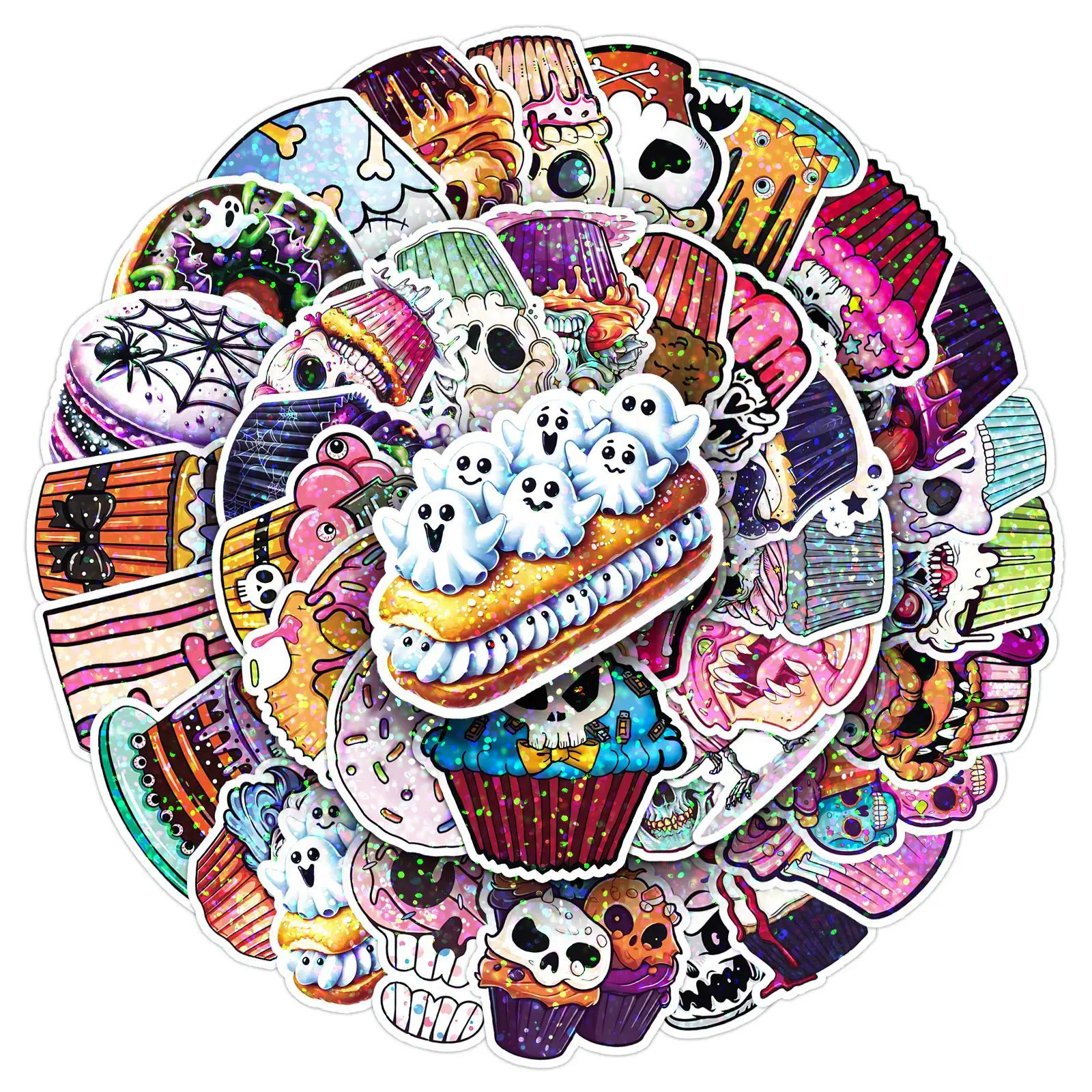 

50 шт., лазерный торт на Хэллоуин, голографический праздник, каракули, ужас, еда, тетрадь, украшение для чашки воды, наклейка