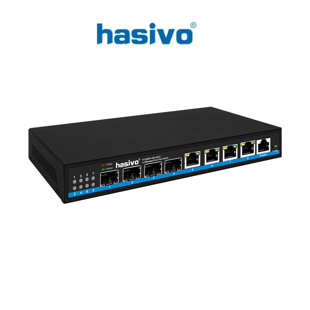 Hasivo 10G L2L3 Managed Switch F1100W(P)-4XGT-4S+ with 4*RJ45 4*SFP+ Ports, 120W PoE Power, IEEE802.3af/at/bt for Smart Home/Off