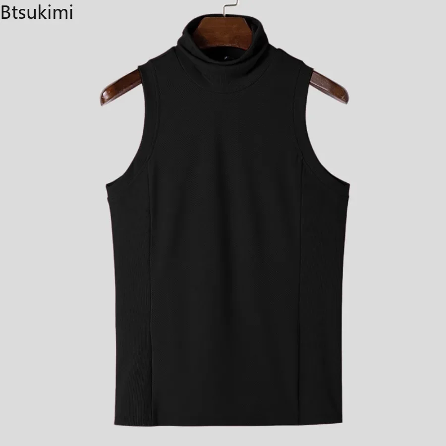 2025 Fashion Sleeveless High Collar Tank Tops Men's Solid Casual Ribbed Vests Bottoming Top Male Tight Fit Sexy Vest Streetwear