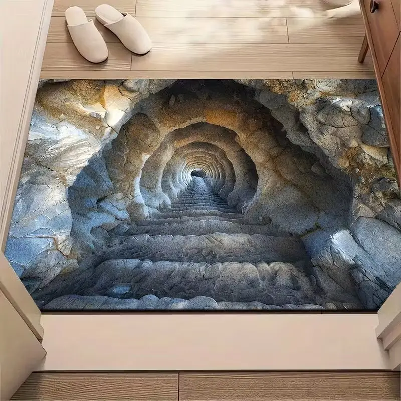 VIKAMA Lustige 3D-Felsenhöhlen-Tunnel-Treppenstufen-Fußmatte mit Optischer Täuschung, Rutschfeste Eingangsmatte, Heimdekoration