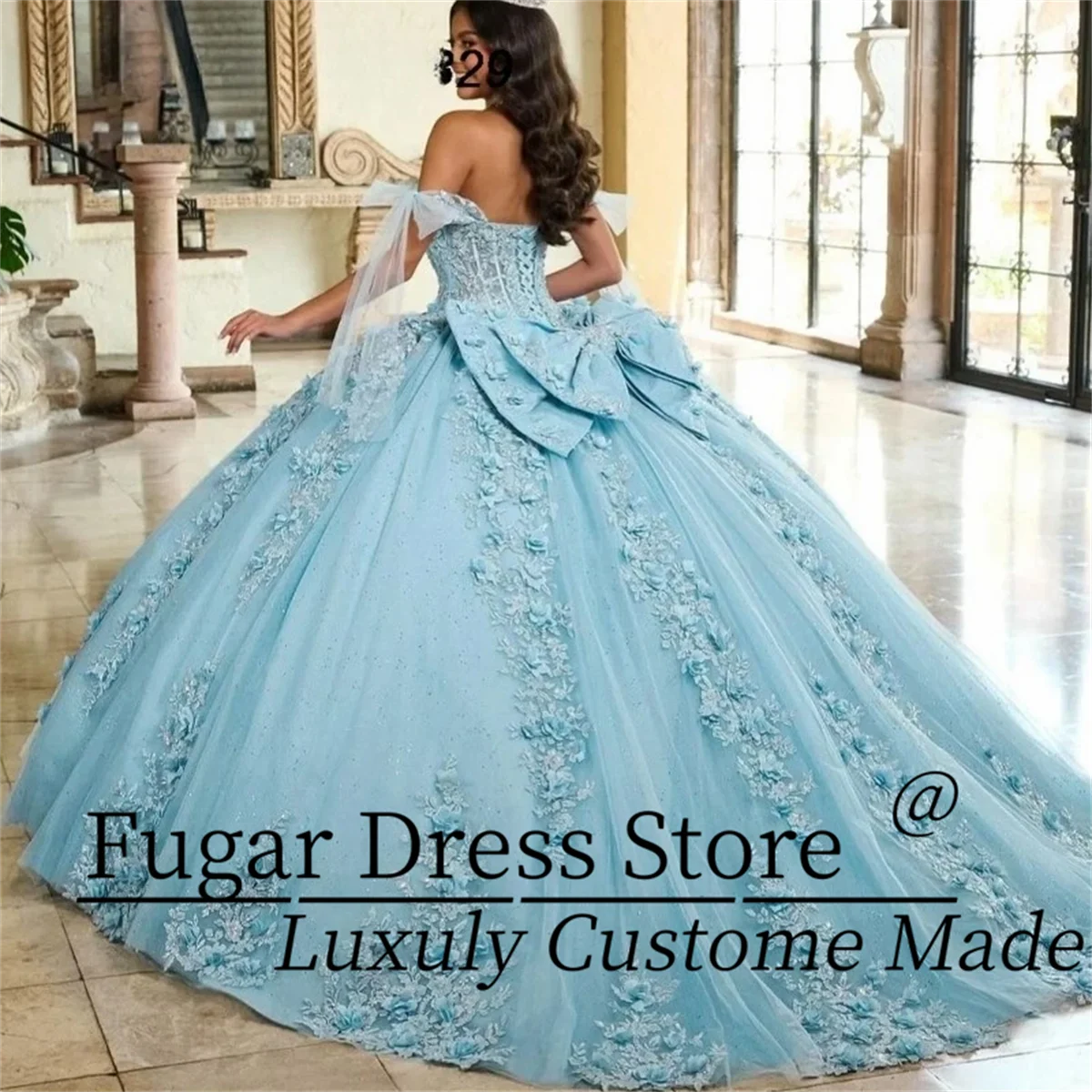 تخصيص الأزرق الأميرة Quinceanera فستان فستاين سهرة/فساتين الحفلات لامعة الدانتيل زين مطرز كريستال القوس مشد vestidos de 15 quinceañera