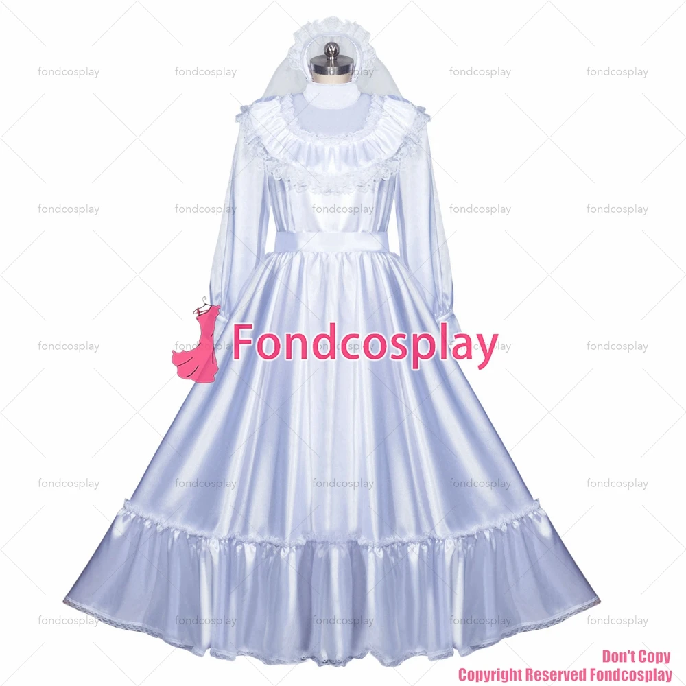 Vestido de cetim branco bloqueável para adultos, cross dressing, empregada sissy, véu sexy, uniforme, véu, TV CD G3972, francês