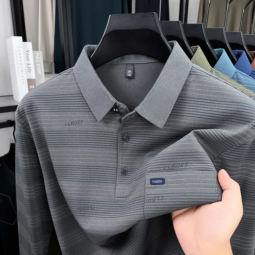 Imagen 2 del producto 2025 Top de manga larga para hombre con cuello de primavera y otoño, jersey a rayas con bolsillos sueltos, polo