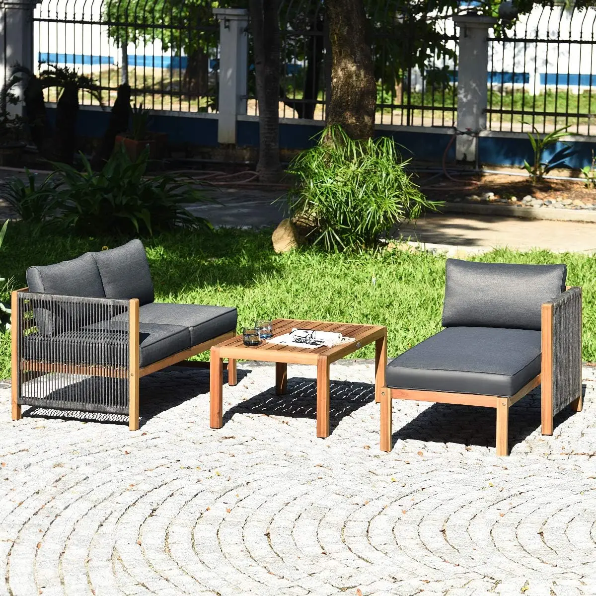 L Forma Outdoor Furniture Set, 3-Piece Acacia Wood, Pátio Conversa Set, 2 cadeiras e mesa de café, Jardim Quintal