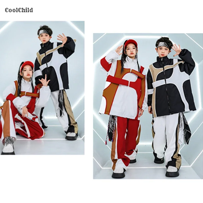 Boys Hip Hop Contrast Loose Coat Cargo Pants Girls Sports Jacket Sweatpants Kids Jazz Clothes Sets Children Streetwear Tracksuit