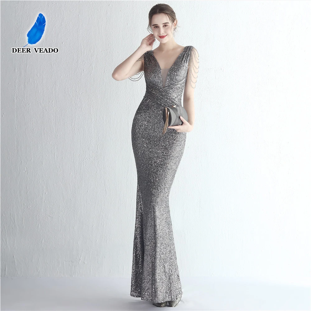 DEERVEADO Women Elegant Beading Evening Dress Long Mermaid Deep V Neck Sequins Maxi Party Dresses Evening Gown Robe De Soiree