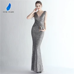 DEERVEADO Women Elegant Beading Evening Dress Long Mermaid Deep V Neck Sequins Maxi Party Dresses Evening Gown Robe De Soiree