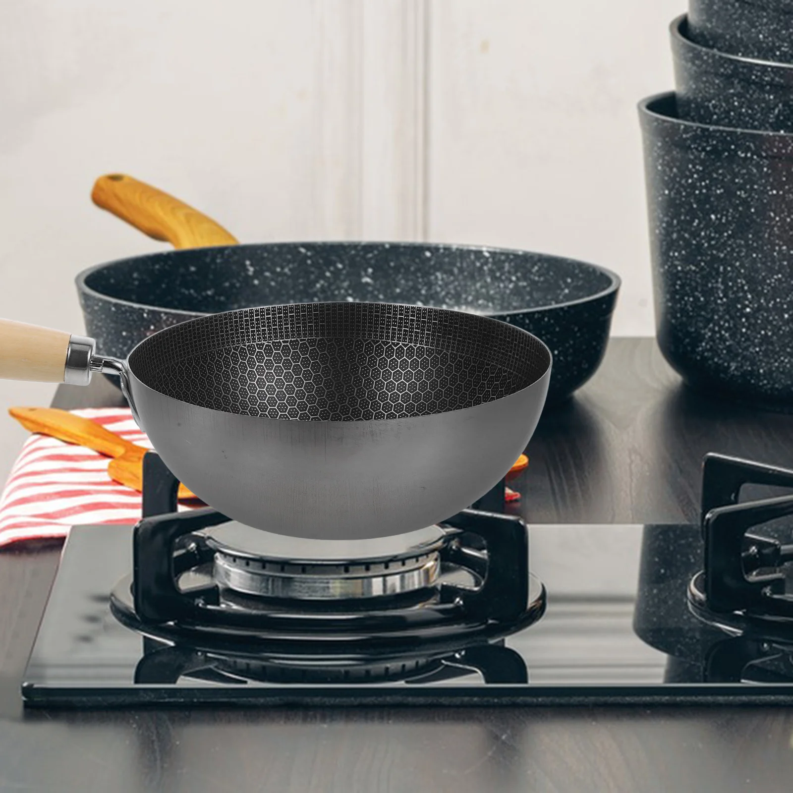 

Honeycomb Grain Stainless Steel Wok Pan Easy Clean Non Stick Frying Pan for Everyday Kitchen Cooking Honeycomb Wok