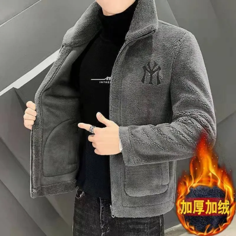 Chaqueta de lana de cordero de imitación para hombre, chaqueta de lana gruesa con cuello, abrigo superior, moda Otoño/Invierno, novedad de 2024