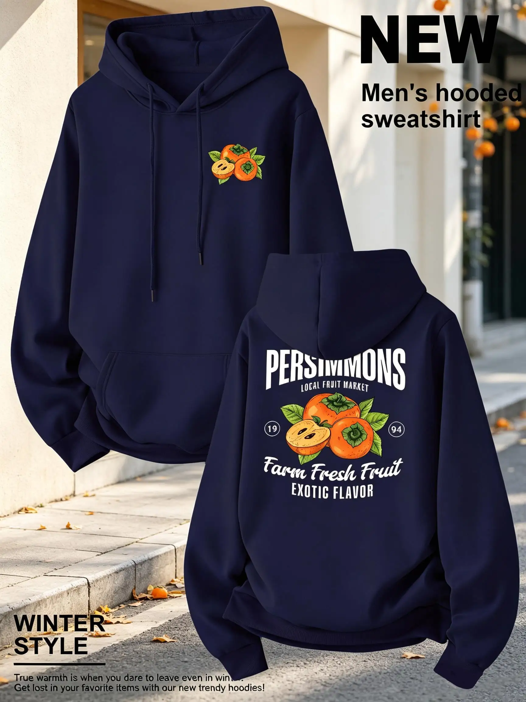 Local Fruit Market Fresh Persimmons Print Men Jogging Pullover Autumn Casual Hoody Fashion All-Match Streetwear Fleece Comfy Top