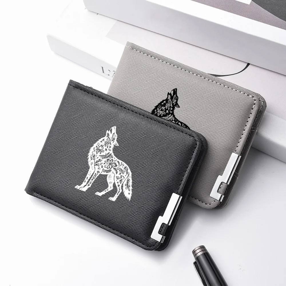 Men's Fashionable Short-Style PU Leather Wallet with Decorative Wolf Howl Pattern Cash Storage Pocket Double-Fold Money Bag