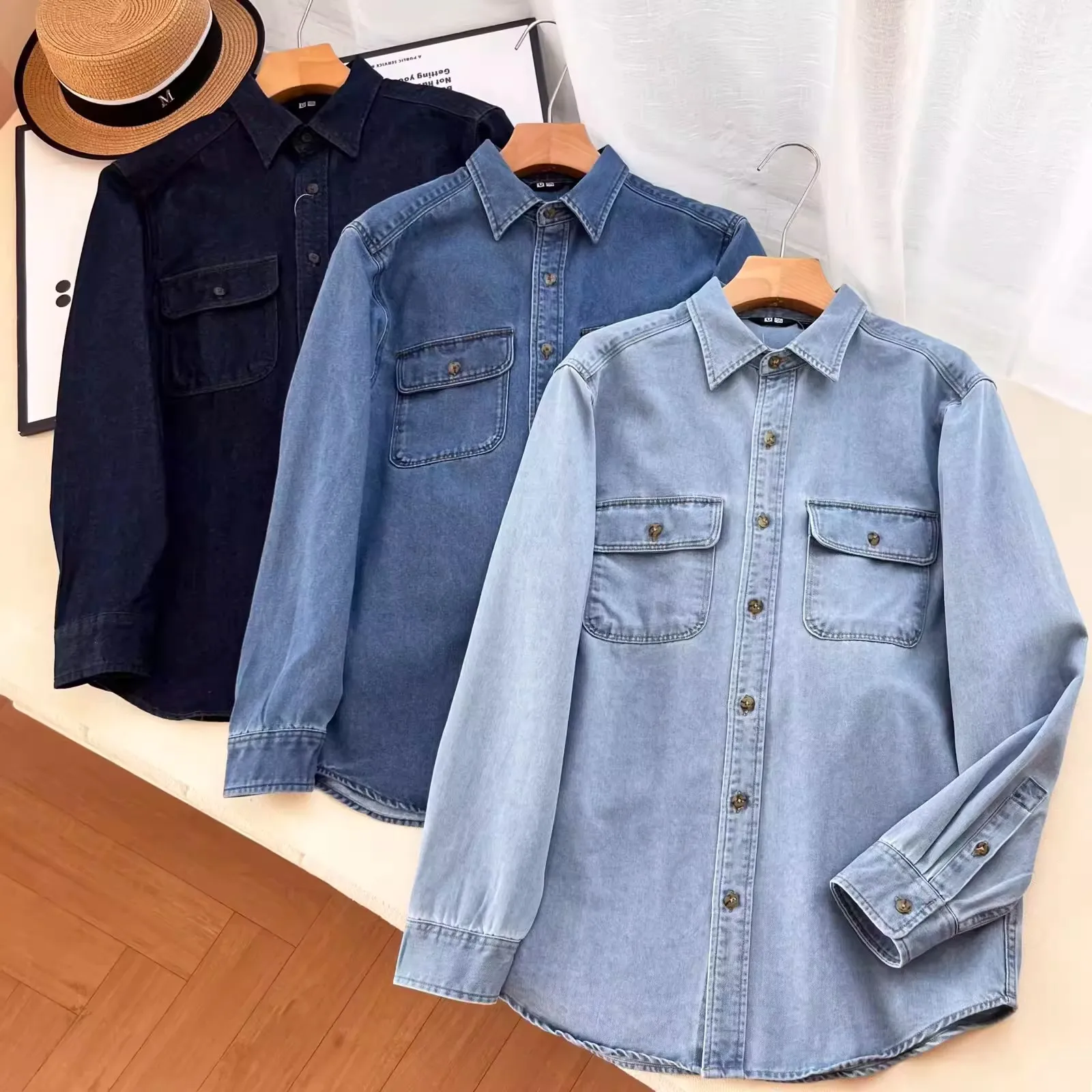 

Новая весенняя повседневная свободная рубашка из денима с длинным рукавом на пуговицах, однотонная, модная, на все сезоны