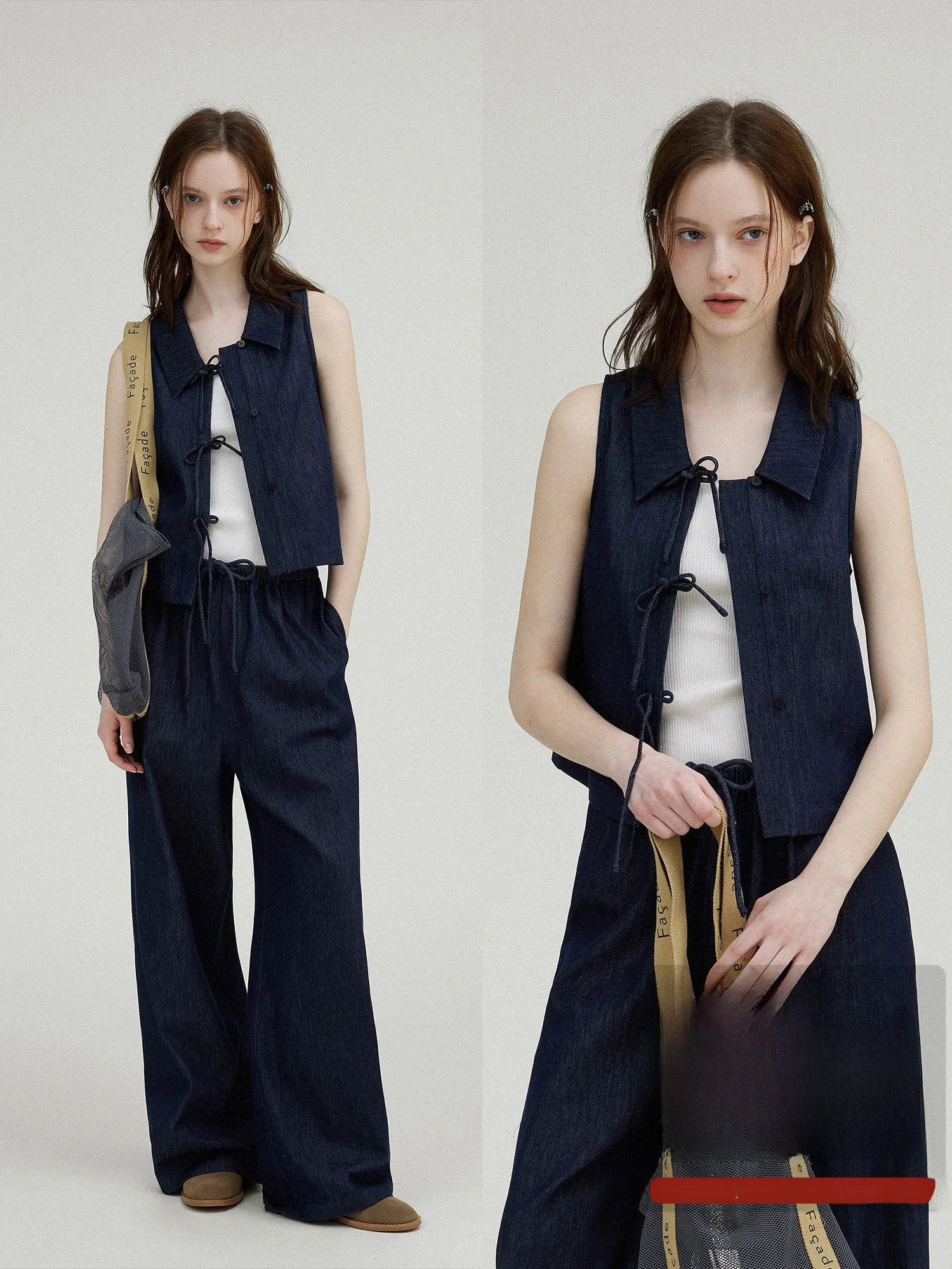 

Le Vintage Women's Vintage Denim Knot Sleeveless Shirt And Jeans Set Long Pants Cotton Washed 100% Summer Fashion