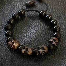 Trendy Agate Skull Bracelet Men's Vintage Handmade Adjustable Tiger's eye Bracelets Male Punk Hip Hop Charm Jewelry Dropshipping