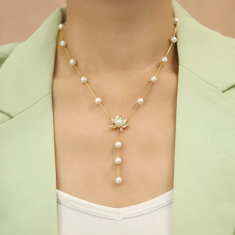 

Chinese Style Lotus Flower Pendant Pearl Necklace Niche Design Advanced Sense Bracelet Ring Earrings Jewelry Set