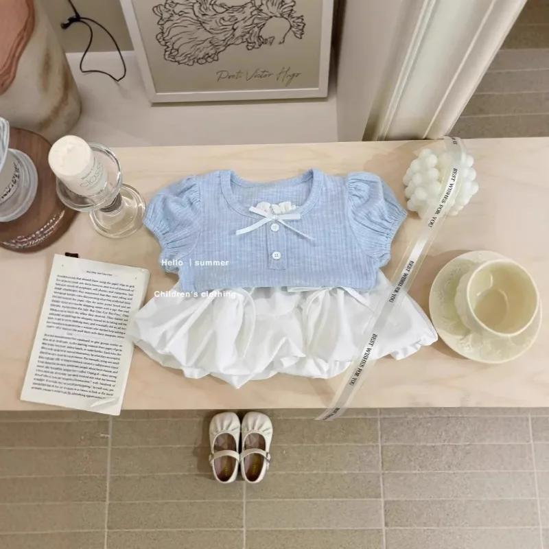 Summer Children Girls 2PCS Clothes Set RAISE Kids Baby Girls Bow Short Sleeves Suits Little Girls White Flower Bud Skirts Outfit