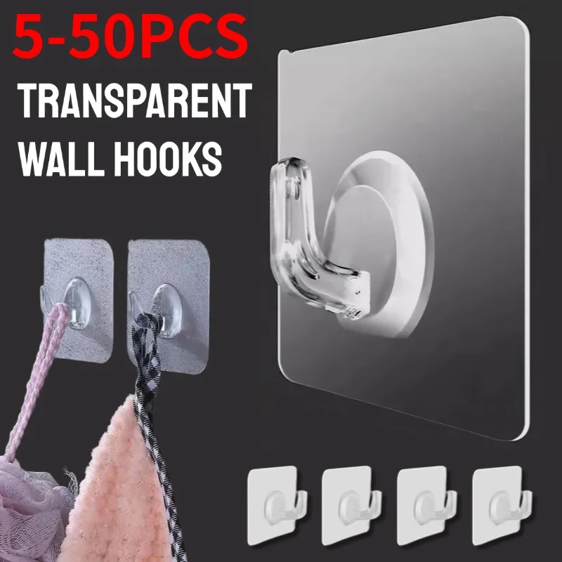 Self-adhesive Wall Hook Transparent Strong Hooks Waterproof Key Storage Hanger Multifunctional Kitchen Bathroom Organizer Holder