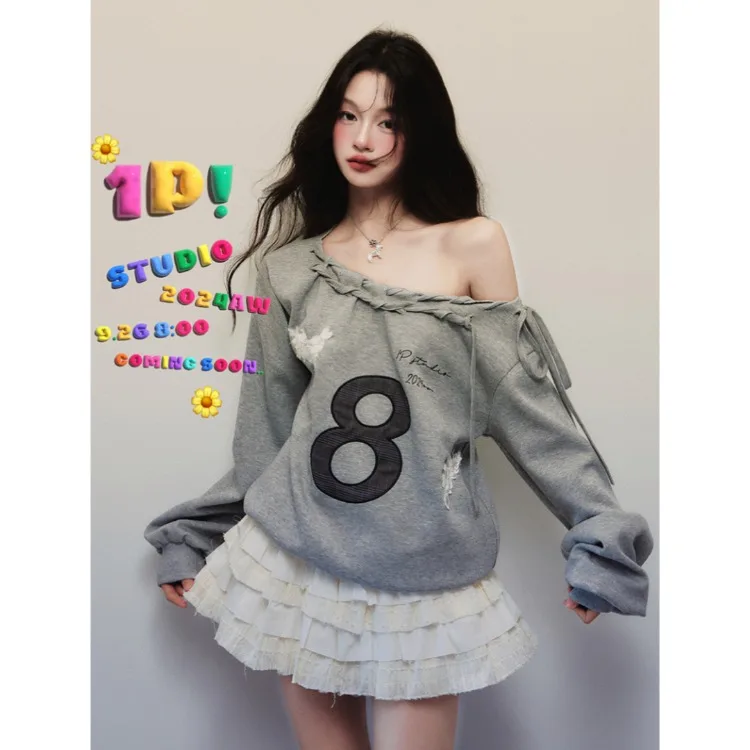 Korejepo Light Flower Gray American Slanted Shoulder Sweater Women 2024 Models Strap Cloth Embroidery Loose Pullover Top Ins