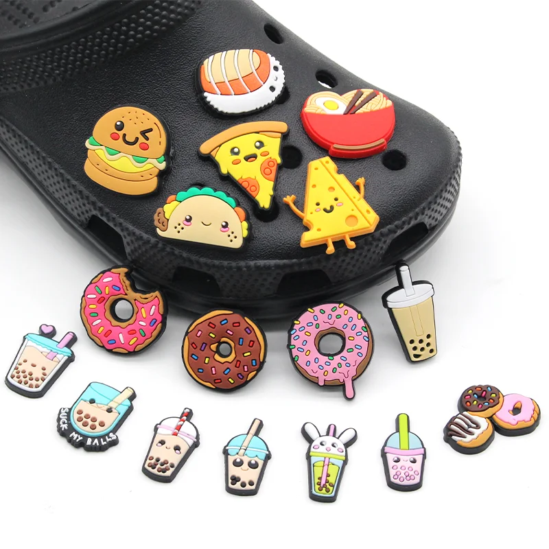 Cute Food 1pcs Cartoon Boba Tea Donut Shoe Charms Funny Backpack DIY Shoe Clogs Accessories Decorate kids Girls Birthday Gifts