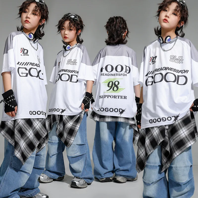 

Kid Hip Hop Clothing White Letters T Shirt Denim Blue Casual Parachute Jeans Baggy Pants for Girl Boy Jazz Dance Costume Clothes