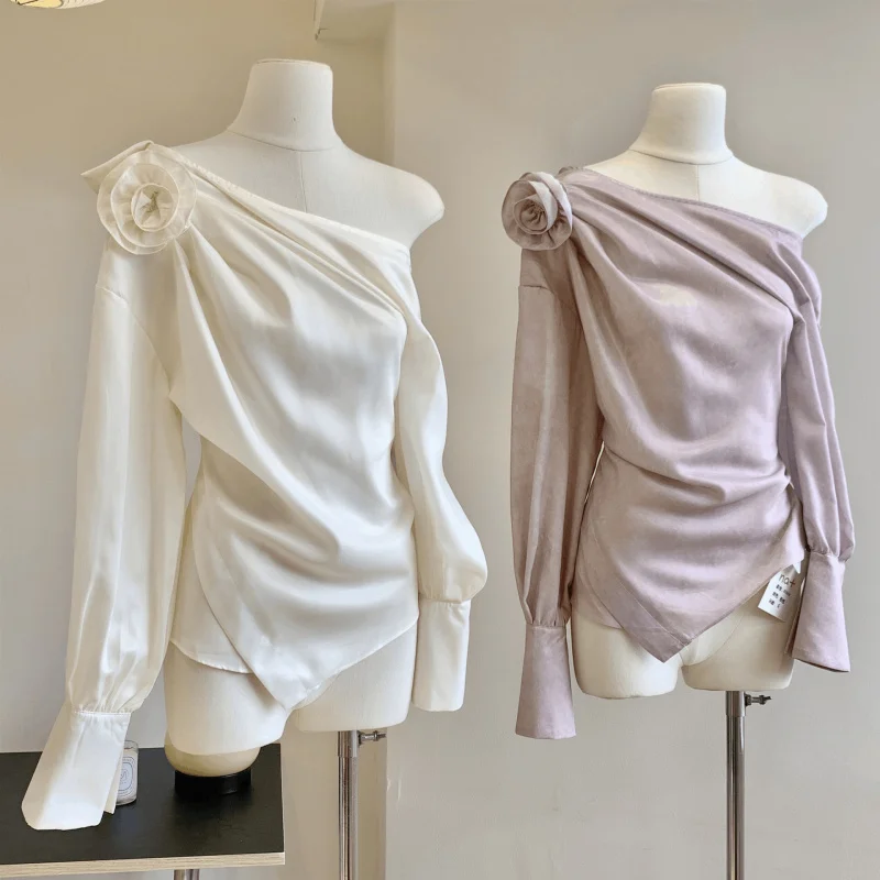 

“Peony Fairy”Floral Blouse,flowers on your shoulders look so beautiful!Irregular Asymmetric Long Sleeve French Style Shirt