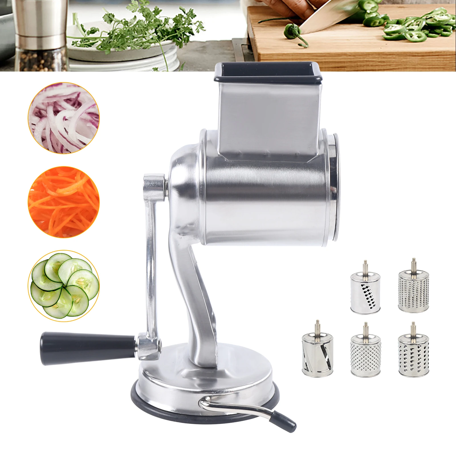 

Stainless Steel Multi-function Rotary Grater Food Mills Grinder with 5 Different Drum Blade Kitchen Grinding Tool Set