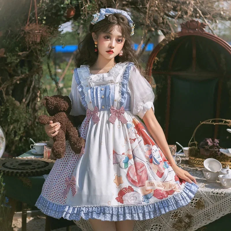 

Cute Lolita Dress Princess Tea Party Sweet Lolita Dress Vintage Lace Bowknot Retro Printing Victorian Dress Cosplay Cos Loli