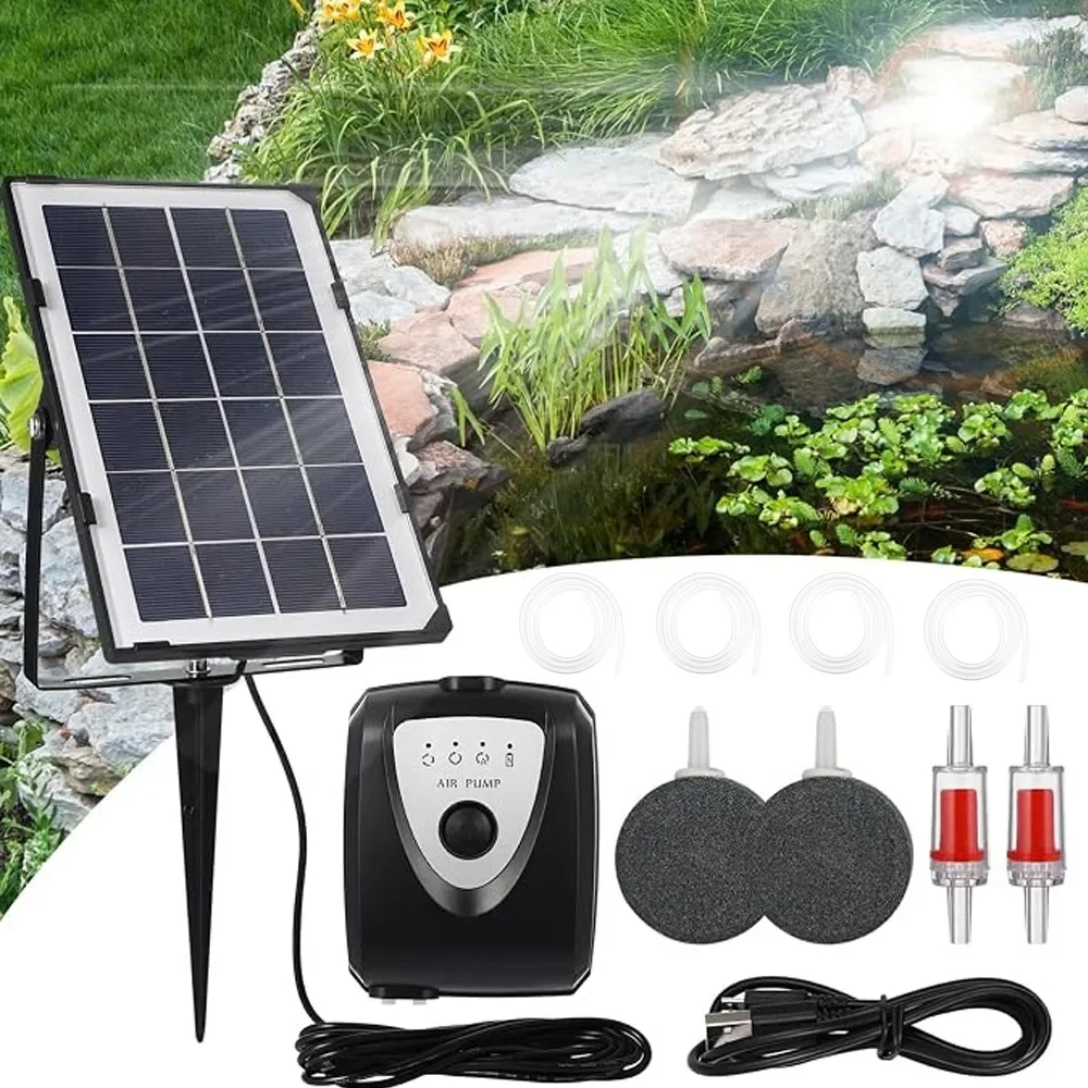 Kit de pompe à air pour aquarium alimentée par énergie solaire, 3,5 W, aérateur d'oxygène noir à faible consommation d'énergie, pompe d'alimentation en oxygène extérieure sans prise nécessaire pour aquariums, bassins de jardin et jardins aquatiques.