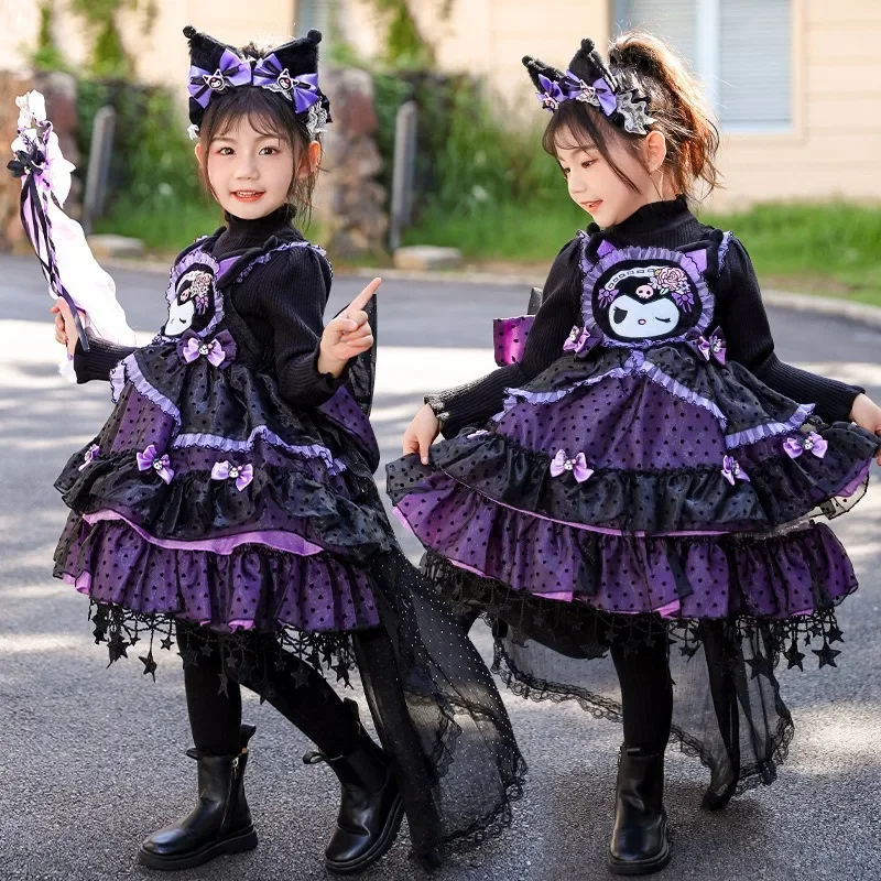 Halloween Sanrio Kuromi Princess Dress Cartoon Girl Cute Lolita Skirt Bow Ceremonial Outfit Cosplay Costume Birthday Party Anime