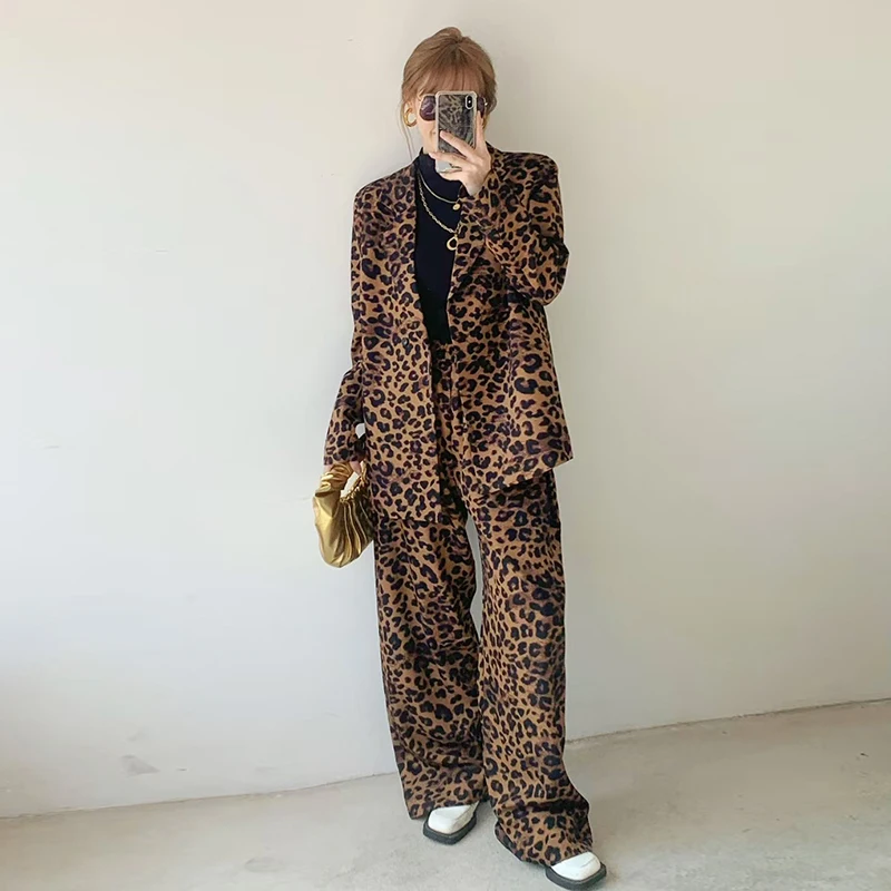 TWOTWINSTYLE Temperament Two Piece Set For Women Notched Collar Long Sleeve Blazer High Waist Wide Leg Pant Leopard Sets Female