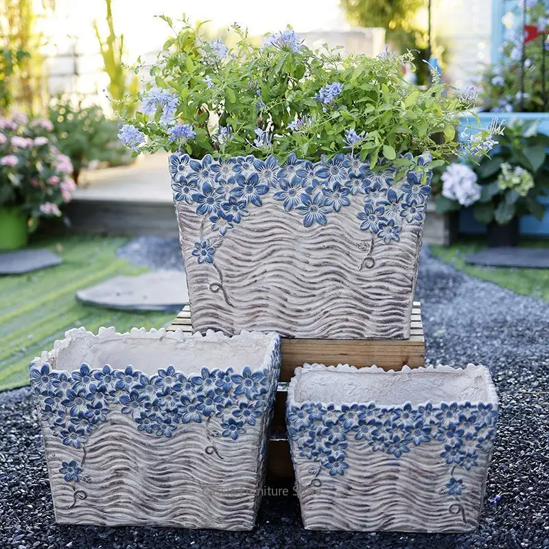 Artificial Stone Relief Square Planter for Garden, Large Floor Flower Box for Balcony, Rustic Container for Courtyard Bonsai