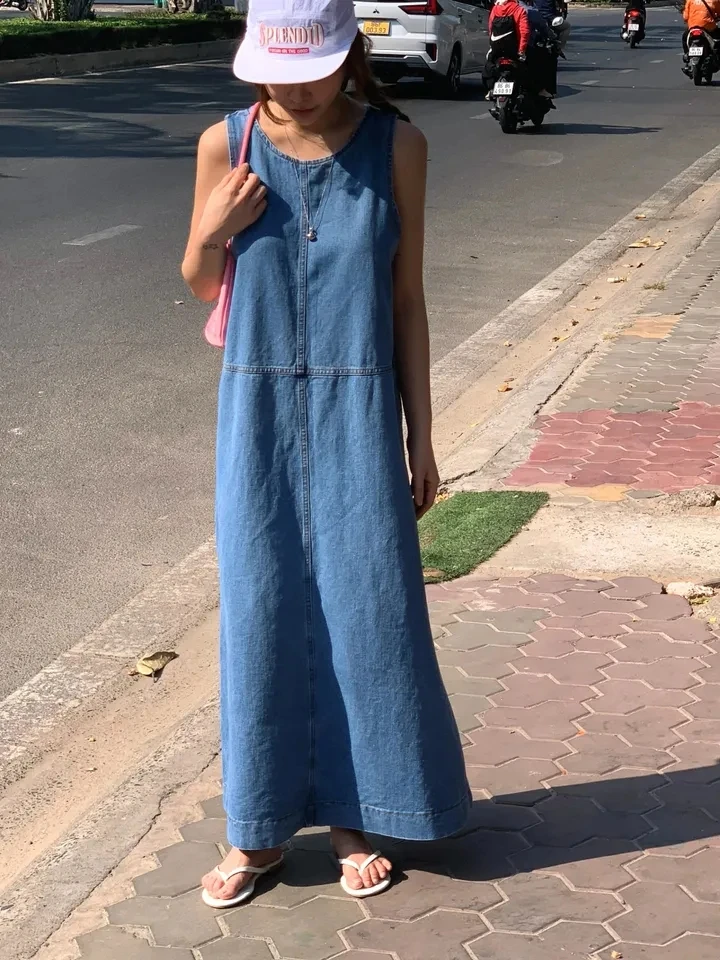 

Retro Washed Denim Vest Dress Women's Sleeveless Loose Slimming A-Line Long Dress Trendy round Neck Cotton Spring Summer