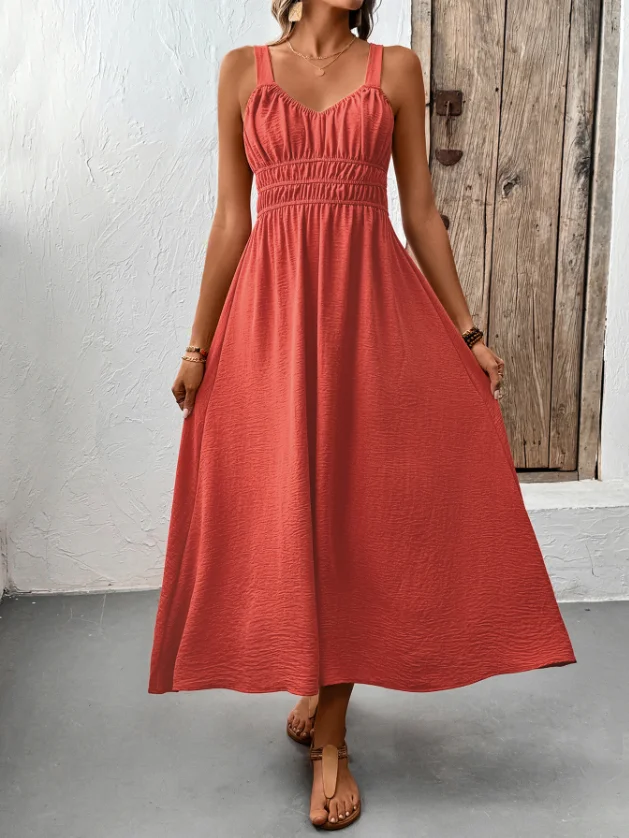 

Summer Sleeveless Vest Casual Pleated Skirt for Women Elegant Solid Color A-Line High Waisted Solid Color Suspender Dress