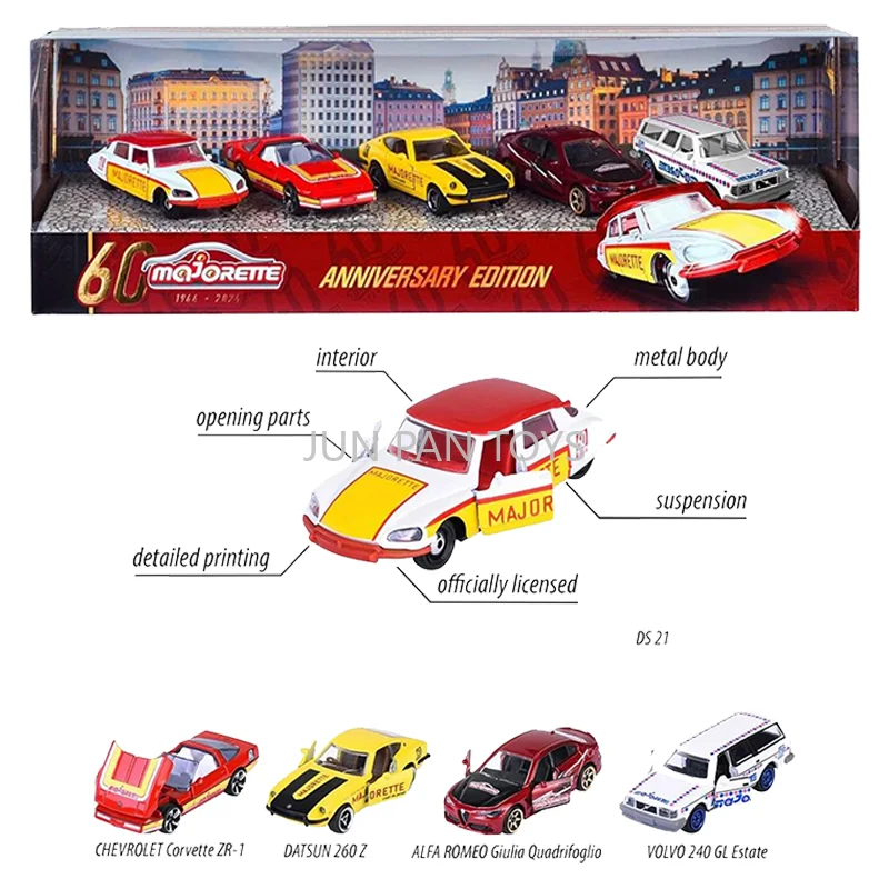 Set de 5 Autos Coleccionables Majorette Edición 60 Aniversario, Escala 1:64, Modelo Realista con Puertas que se Abren, Regalo para Niños, Juguetes para Niños