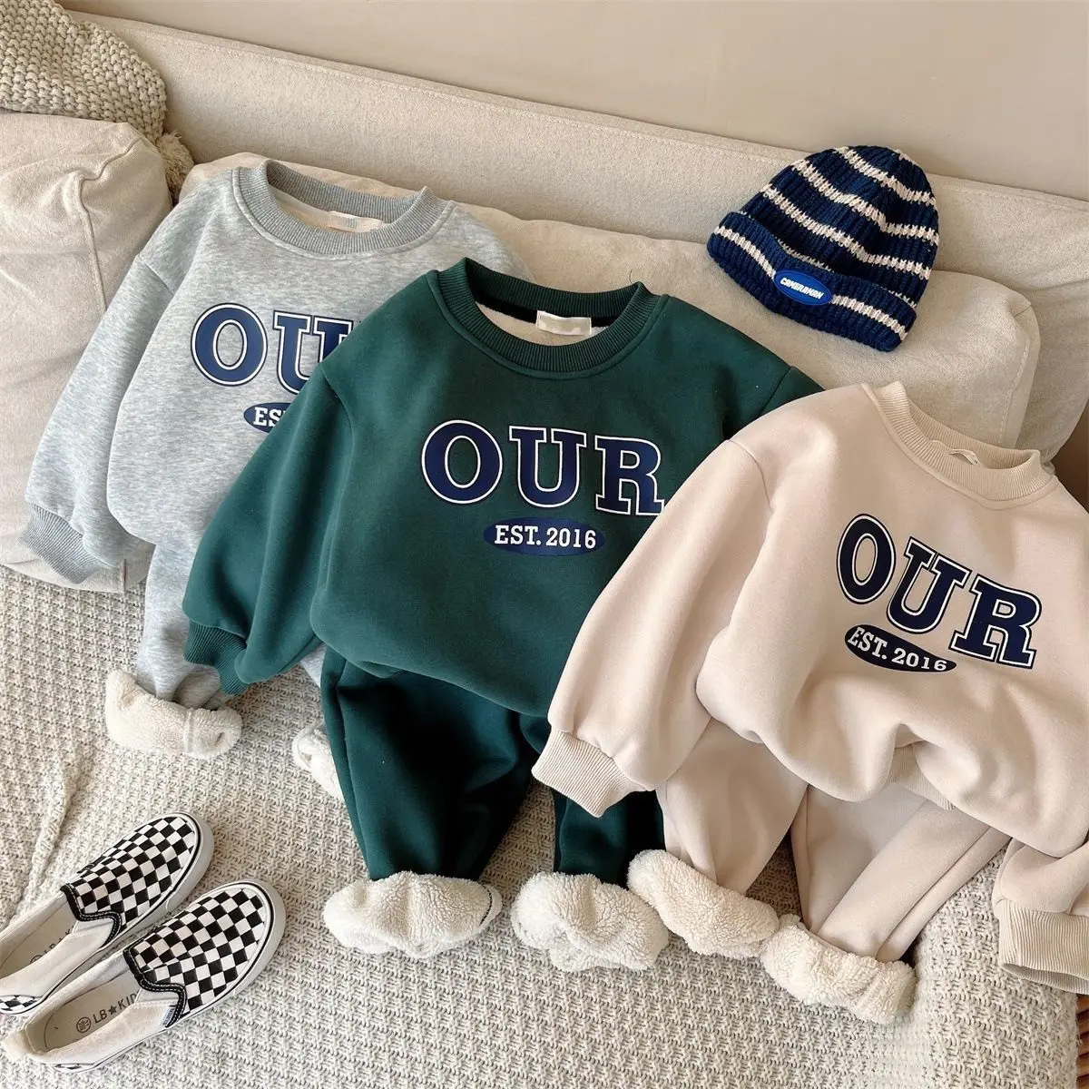 Baby Boy Solid Color Sports Suits Autumn Letter O-Neck Sweatshirt Top + Harem Pant 2 Piece Outfits Kid Fleece Warm Tracksuit