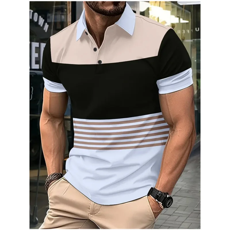 Camisa polo bloqueadora de cores masculina, roupa casual de negócios, lapela respirável confortável, blusa manga curta, moda minimalista