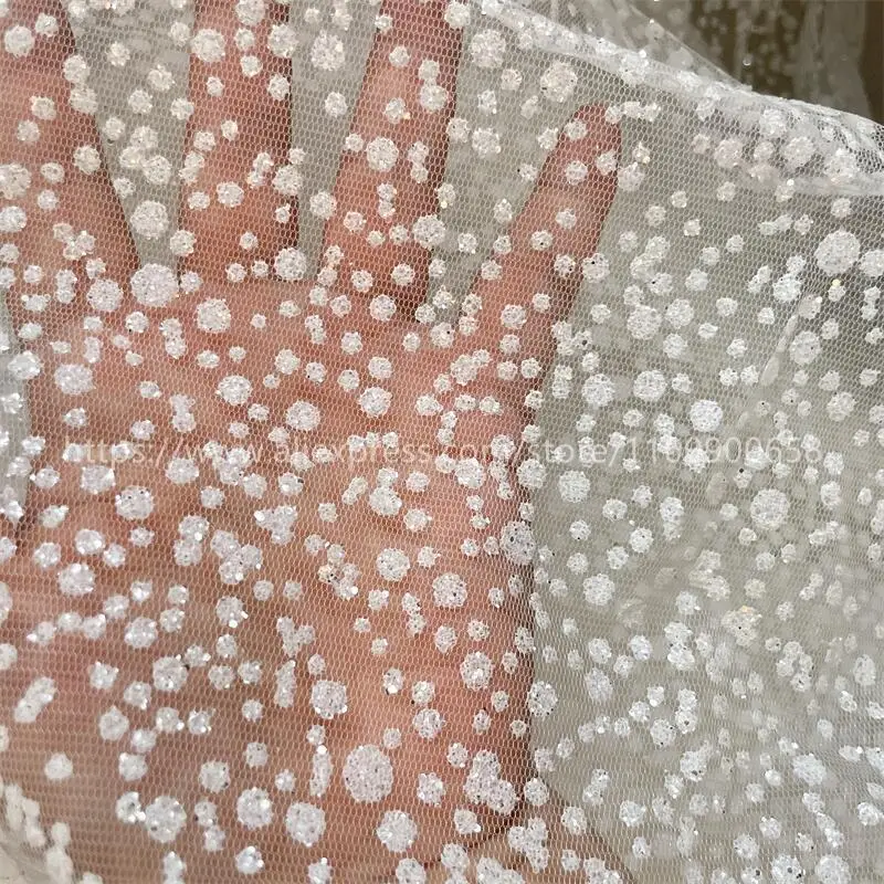 Gilded Sequin Mesh Fabric, DIY Hand Sewing, Wedding Dress, Fashion Accessory,High Quality,Dense Dots,Off White,150cm Wide,RS4493