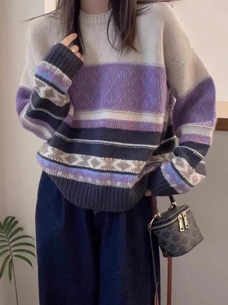 

Ретро-свитер с цветными вставками, длинными рукавами, круглым вырезом, универсальный, модный, для повседневной носки, женский.
