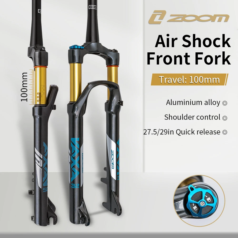 ZOOM Mountain Bike Air Front Fork 27.5/29 inch Shoulder Control Lockout Aluminum Alloy Quick Release Shock Gold Tube Forks